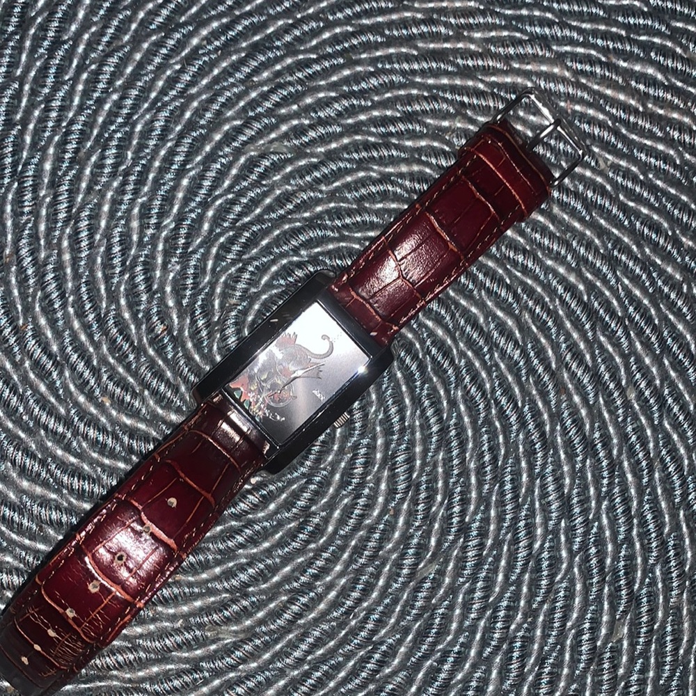 Mens Ed Hardy Watch with genuine leather strap, large face plate, black panther